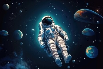 Wall Mural - space tourist, floating in zero gravity, with view of the stars and planets, created with generative