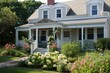 cape cod house exterior with blooming garden and welcoming porch, created with generative ai