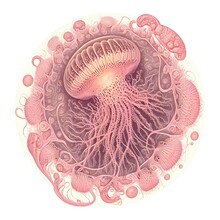 Ernst Haeckel Scientific Drawing Of Unknown Spiral Pink Jellyfish Dips Splatters White Background 