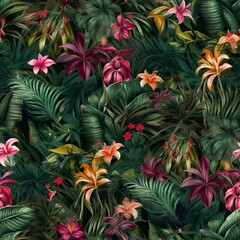 Wall Mural - Tranquil Tropical Leaves and Flowers seamless pattern