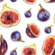 Seamless pattern fig fruit, slice isolated on white. Watercolor hand drawing botanic illustration. Art for design fabric