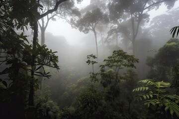 Wall Mural - dark rainforest, with view of canopy and misty sky, created with generative ai