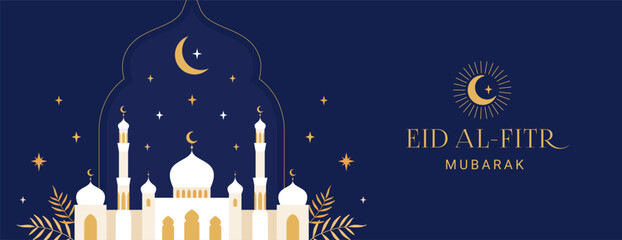 Wall Mural - Eid Mubarak banner, poster, holiday cover. Islamic greeting card, social media template. Modern beautiful design in geometric minimal style. Blue and gold colors.