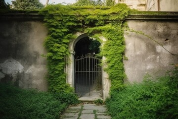   entrance to an house with green arch, ai generative
