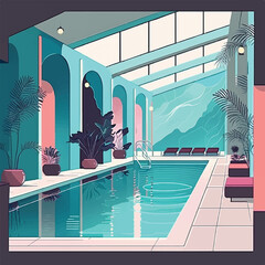 Indoor pool design with tetradic color palette minimal and flat style