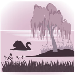 Wall Mural - Natural landscape with trees, lake and swan birds silhouettes. Vector illustration