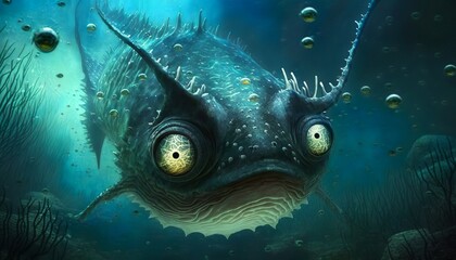 deep underwater creature big eyed fish watching and hunting design illustration generative ai