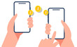 © LittleBlue - Mobile money transfer with hand holding mobile phone.Transfer money by online internet banking all around the world illustration.
