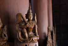 Wooden Buddha Statue Decoration Inside Wooden Temple, Shwenandaw Temple, Mandalay, Myanmar