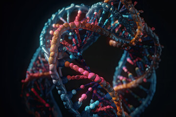 DNA gene helix spiral structure molecule on dark background, concept of medicine, research, experiments, virus, disease created with Generative AI