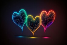 Three Neon Multicolored Hearts On A Beautiful Dark Background, Concept Of Love And Valentine's Day. Created With Generative AI Technology