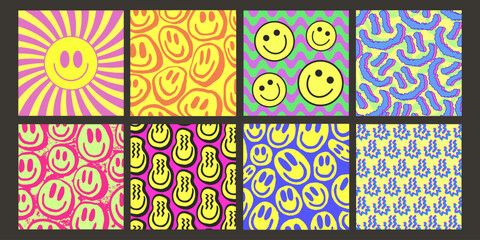 Aufkleber - Cool Smile Pattern Vector Design. Trendy Groovy Background. Y2K Funny Texture.