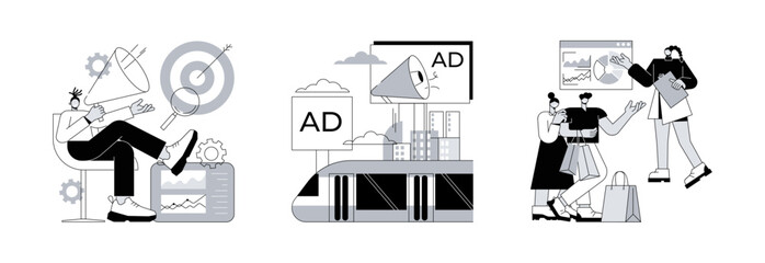 Wall Mural - product promotion abstract concept vector illustration set. marketing campaign, outdoor advertising 