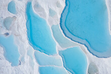 Aerial Top View Pamukkale Turkey Travertine Pools, Nature Terraces With Blue Water