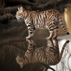 Wall Mural - a cat standing close to water with a reflection on of its future as a tiger, intricate detail, focus