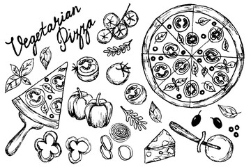 Set of hand drawn line art black vegetarian pizza ingredients: bell pepper, tomatoes, cheese, onion, olive, basil.Pizza wheel and slices of fast food.isolated