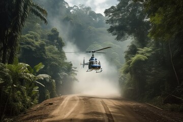 Wall Mural - helicopter landing on smoking jungle road, with view of the dense forest in the background, created with generative ai