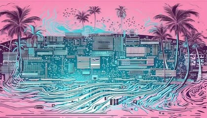 Wall Mural - Motherboard City with Beach Cyber Generative AI