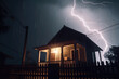 Blitzeinschlag neben einem beleuchtenden Haus - Gewitter bei Nacht