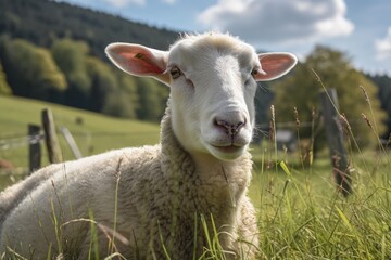 Wall Mural - a close up of a sheep in a field, generative AI