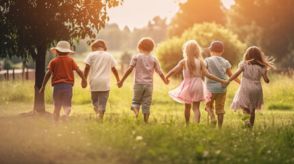 happy kids playing outside and having fun together in summertime, a group of joyful friends walking 