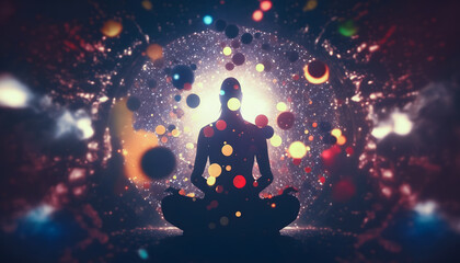 Wall Mural - astral yoga silhouette of human in cosmic space meditate. back view man practicing transcendental sp