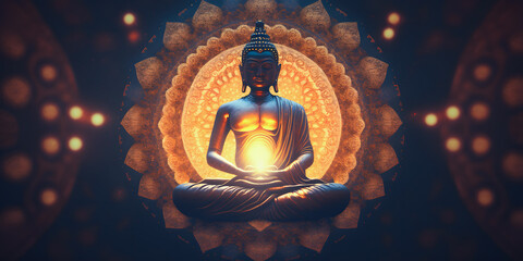 Wall Mural - buddha statue transcendental spiritual meditation with aura, banner yellow light. generation ai