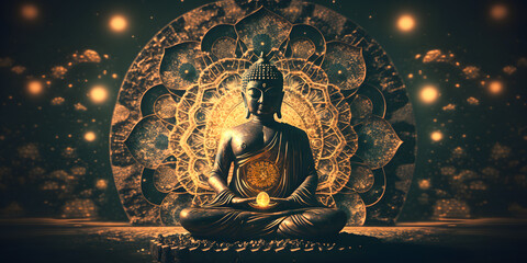 Wall Mural - buddha statue transcendental spiritual meditation with aura, banner yellow light. generation ai