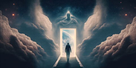 Wall Mural - astral silhouette of human in cosmic space meditate. back view man fly transcendental spiritual medi