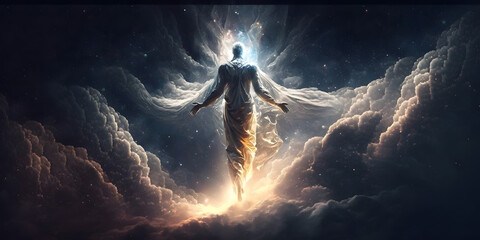 Wall Mural - astral silhouette of human in cosmic space meditate. back view man fly transcendental spiritual medi