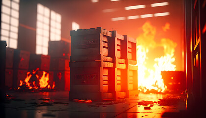 Logistics warehouse burning. Concept Fire incident insured event. Generation AI.