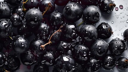 Wall Mural - Fresh acai berries with water drops on a white background, top view