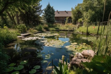 Wall Mural - backyard with pond and abundant wildlife, including frogs, dragonflies, and birds, created with generative ai