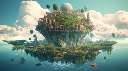 Wall Mural -  A surreal illustration of a world filled with floating islands and impossible structures in a biophillic design style, 8k, intricate detail, photography, generative ai