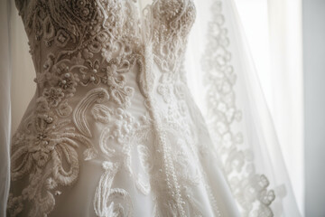 Beautiful Wedding dress and white bow isolated on white background
