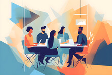 Flat Vector Illustration Strive To Bring Out The Best Potential Of Your Team. Snapshot Of A Group Of Creative People Having A Meeting In A Modern Office.