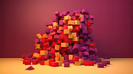 Poster - Wall of purple and red tinted blocks blowing apart on yellow background, realistic, photography, 8k, generative ai