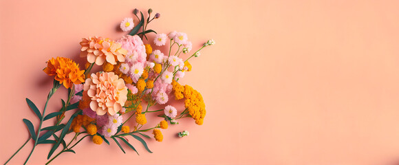 Wall Mural - Spring marigold flowers on pink pastel background top view in flat lay style. Greeting for Womens or Mothers Day or Spring Sale Banner. Generative Ai.