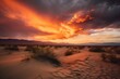 stormy sunset over desert, with orange and red hues reflecting off the sand, created with generative ai