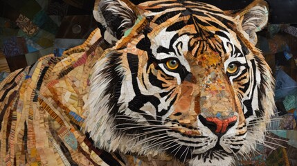 Wall Mural - patchwork collage of a tiger, 8k, intricate details, photography, hyper - realistic, generative ai