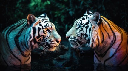 Wall Mural - two tigers staring at each other, phantasmal iridescent, 8k, photography, hyper - realistic, generat