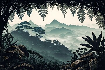 Wall Mural - forest canopy, with view of misty mountain range in the distance, created with generative ai
