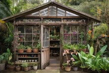 A Garden Shed With A Greenhouse Attached, Filled With Orchids And Bromeliads, Created With Generative Ai