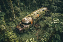 Aerial View Of Old Plane Wrecks In The Forest