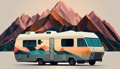 AI Generated. AI Generative. Low Poly cartoon kid style camper rv van with mountains. Can be used for adventure inspiration or decoration. Graphic Art Illustration.