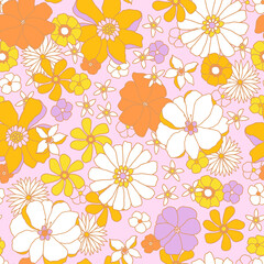 Groovy floral seamless pattern in retro style. Hand drawn blossom yellow vintage texture. Great for fabric, textile, wallpaper.  illustration