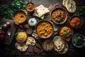 Wall Mural - Assorted various Indian food on a dark rustic background. Traditional Indian dishes Chicken tikka masala, palak paneer, saffron rice, lentil soup, pita bread and spices. Square photo, generative AI