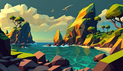 AI Generated. AI Generative. Low Poly cartoon kid style beach sand sea seaside island. Can be used for home decoration or adventure trip inspiration.  Graphic Art Illustration.