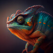 Bright color exotic chameleon, iguana lizard, wildlife reptile portrait, orange and blue skin coloration, generative AI