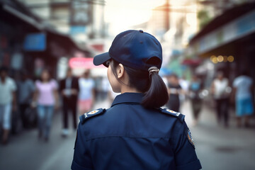 Wall Mural - Portrait of an asian police woman in street. Generative AI